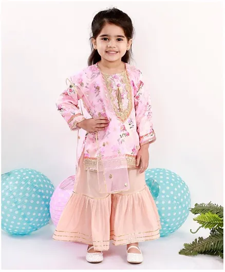Little Bansi Full Sleeves Floral Print Kurta With Sharara & Dupatta - Pink