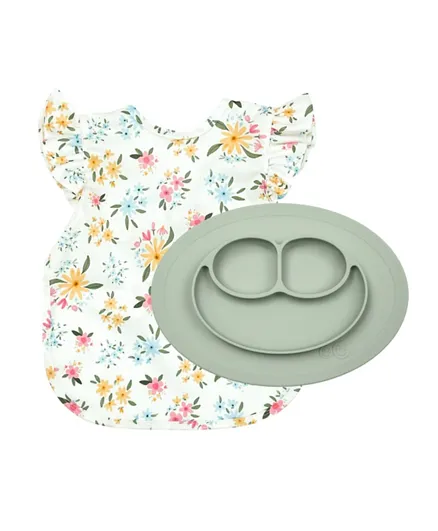 EZPZ Mini Mat Sage + Bapron Baby  Pastel Floral Flutter Bundle