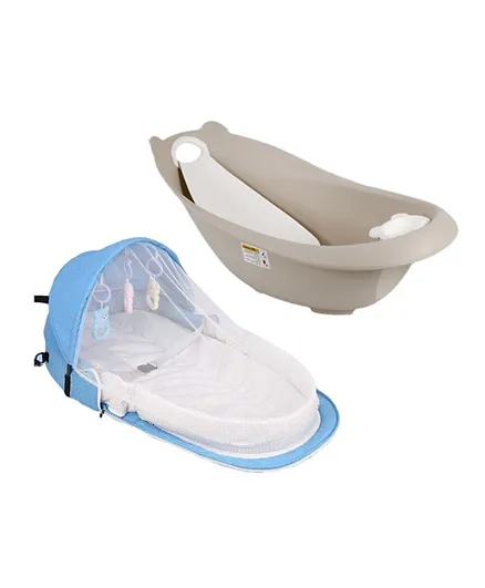 Star Babies Baby Mosquito Bed with  Smart Sling 3-Stage Bath Tub - Blue & Coffee