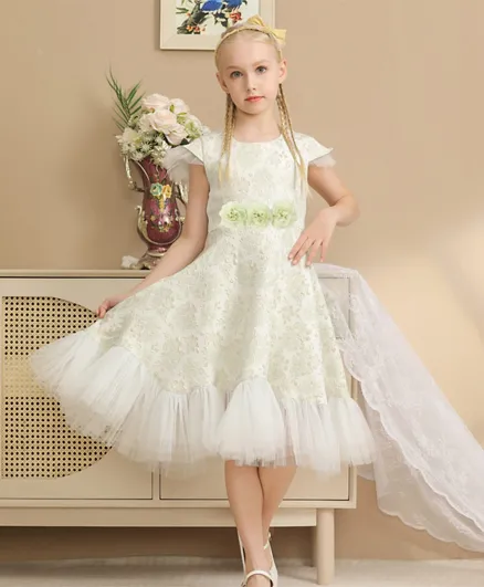 Le Crystal Ruffled Sleeves Party Dress - White