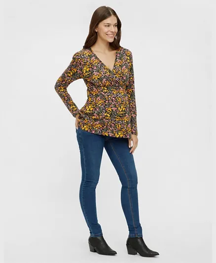 Mamalicious Full Sleeves Maternity Floral Top - Brown