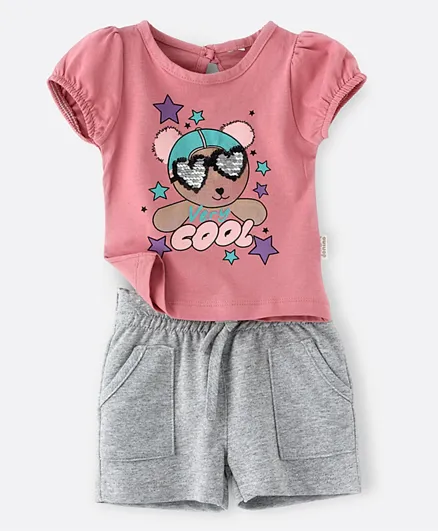 Babyqlo Very cool Bear with Sequins Tee with Shorts Set - Peach