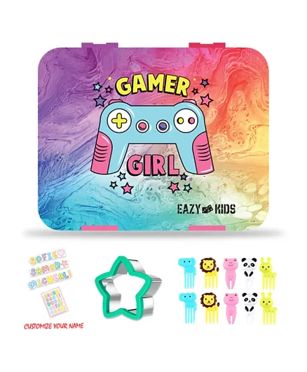 Eazy Kids 5 & 4 Convertible Bento Lunch Box with Sandwich Cutter Set - Gamer Girl