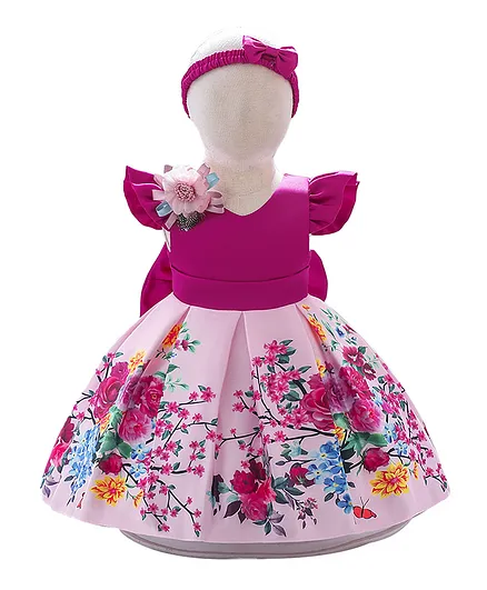 Hashqlo Floral Printed Party Dress With Headband - Purple