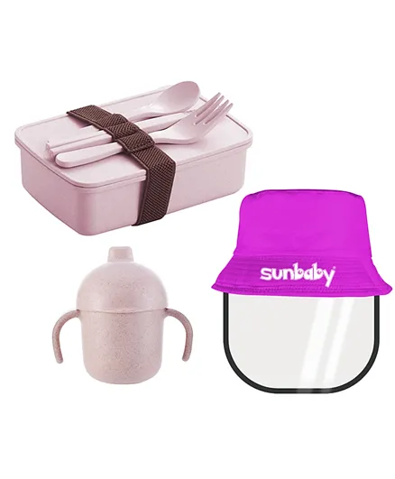 Star Babies Pink Back to School Combo Eco-Friendly Lunch Box Set with Water Bottle & Free Kids Hat with Shield - Pack of 4