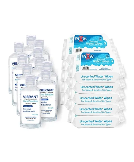 Pixie Pack of 360 Water Wipes + Vibrant Sanitizers 100ml x 10 - Value Pack