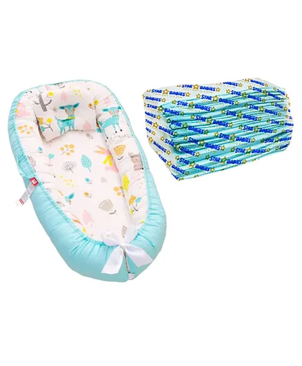 Star Babies Combo of 1 Blue Baby Lounger Sleeping Pod + 18 Scented Disposable Changing Mats