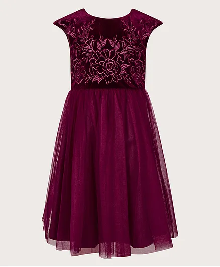 Monsoon Children Odette Velvet Embroidered Dress - Burgundy