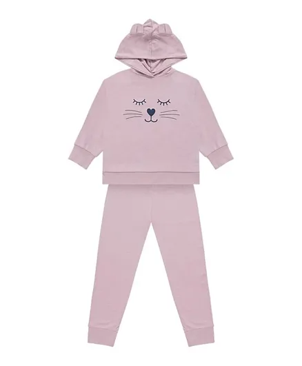 GreenTreat Organic Cotton Cat Graphic Oversized Hoodie & Slouch Joggers - Lavender