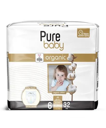 Pure Baby Diapers with Organic Cotton Core XL Size 6 - 32 pieces