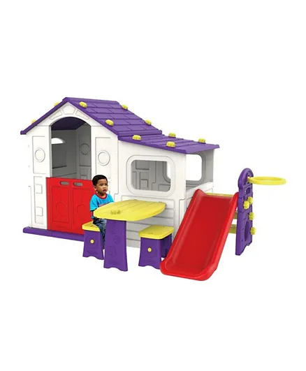 Myts Indoor Activity Playhouse with Play Cabin + Slide + Table & Chair + Basketball Loop - Purple