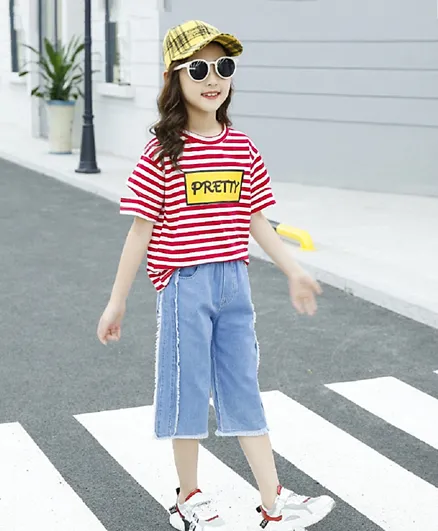 Babyqlo Striped T-Shirt With Denim Pants - Multicolor