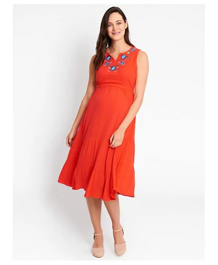 JoJo Maman Bebe Maternity & Nursing Tiered Embroidered Dress - Red