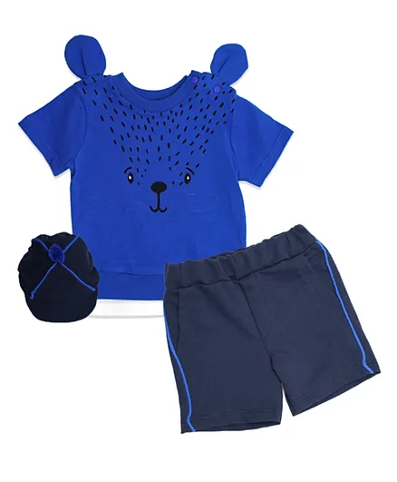 Donino Baby Printed Tee with Short Set and Hat - Blue