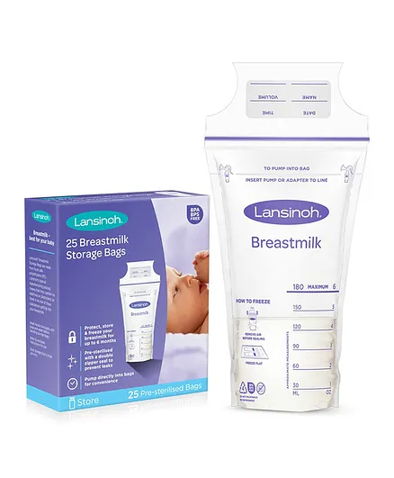 Lansinoh Breastmilk Storage Bags, Leakproof Double-Sealed, BPA Free, Pre-Sterilized - Pack of 25