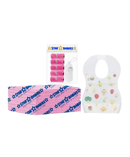 Star Babies Disposable Changing Mat + Bibs + Scented Bag + Dispenser -Pink