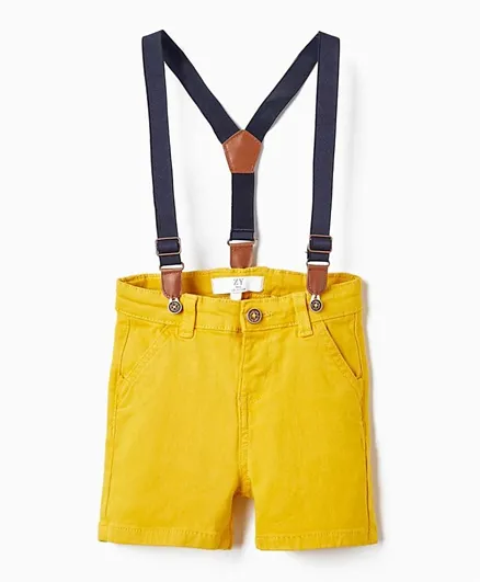 Zippy Cotton Solid Twill Shorts With Suspenders - Yellow