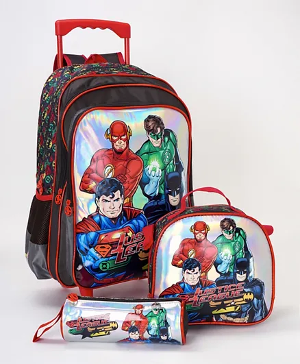 Justice League Classic Trolley Backpack + Lunch Bag + Pencil Case Set Blue - 18 Inches
