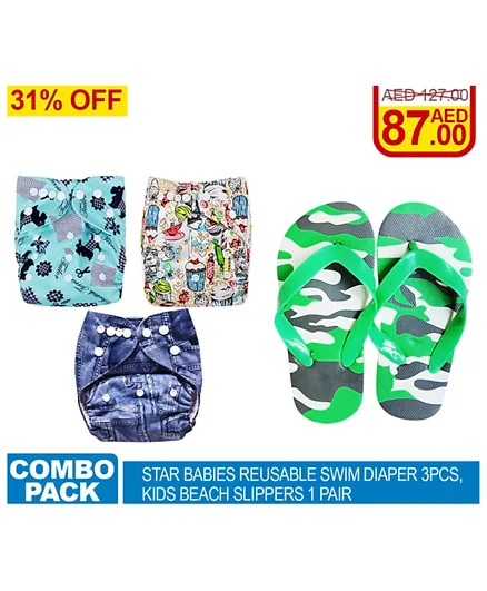 Star Babies Combo of Reusable Swim Diaper Pack of 3 + 1 Pair of Beach Slipper - Multicolor