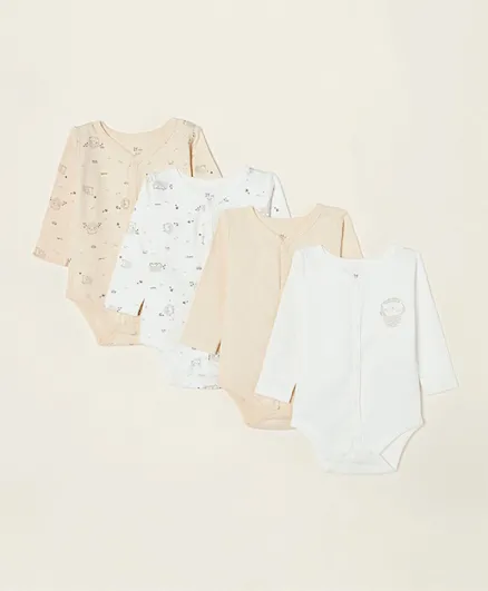Zippy 4-Pack Long Sleeves Cotton Bodysuits - White/Beige