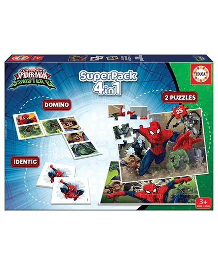 Educa Puzzles 4 in 1 Superpack Domino, Identic & 2 Puzzles Spider-Man Puzzle - 25 Pieces