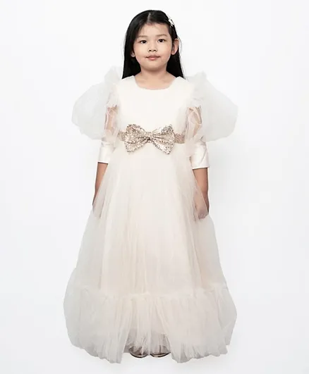 DDANIELA Front Bow Detailed Princess Frilled Maxi Dress - Champagne