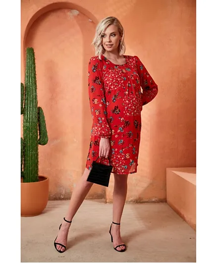 فستان بطبعة زهور للحوامل من بيلا ماما - أحمر