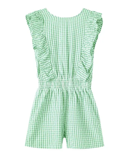Name It All Over Checked Frill Sleeves Jumpsuit - Green