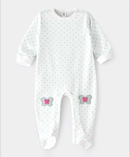 Tiny Hug Butterflies Patch & All Over Hearts Printed Sleep Suit - Multi Color