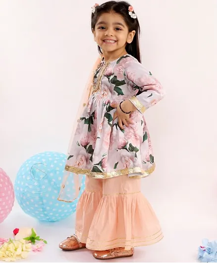 Little Bansi Full Sleeves Floral Print Kurta With Sharara & Dupatta - Peach