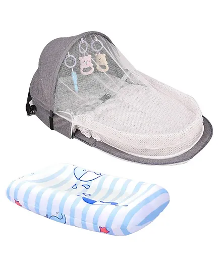 Star Babies Portable Baby Bed With Mosquito Net + Changing Pad Combo - Grey & Blue