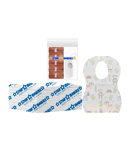 Star Babies Disposable Changing Mat + Bibs + Scented Bag + Dispenser - White and Brown