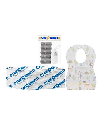 Star Babies Disposable Changing Mat + Bibs + Scented Bag + Dispenser -White/Grey