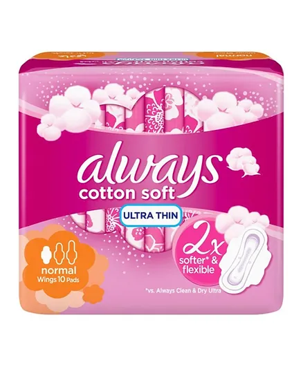 Always Cotton Soft Ultra Thin Normal Sanitary Pads with Wings - 10 Pieces