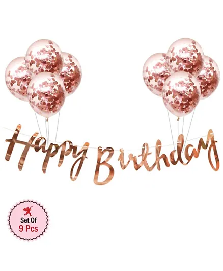 Party Propz Birthday Banner with Confetti Balloons Combo Rose Gold - Pack of 9