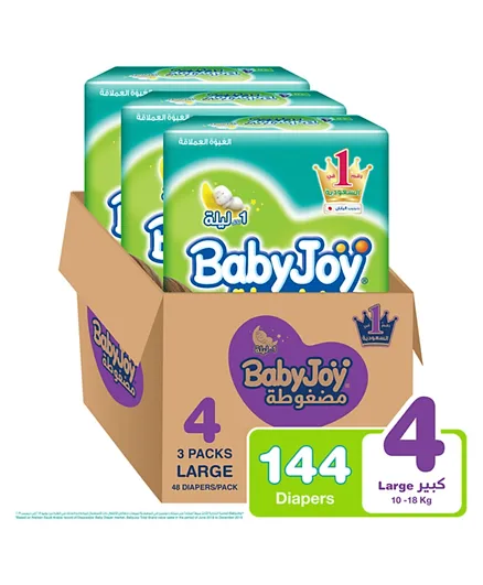 BabyJoy Compressed Diamond Pad Jumbo Diapers Pack of 3 Large Size 4 - 48 Pieces each