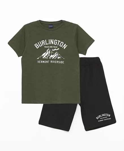 LC Waikiki Burlington Graphic Crew Neck T-shirt & Shorts Set - Green & Black