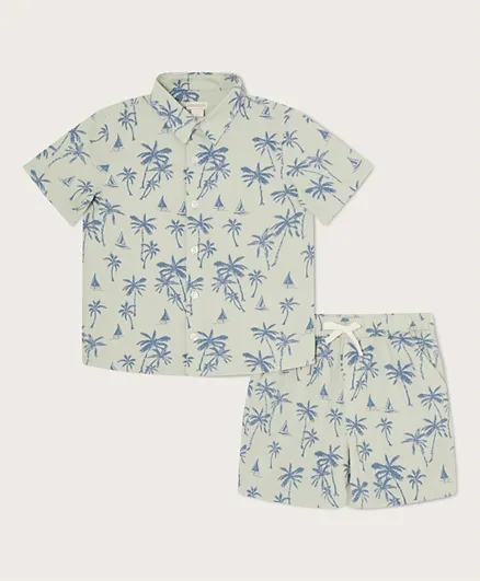 Monsoon Children Palm Printed Shirt And Shorts/Co-ord Set - Blue And Off White