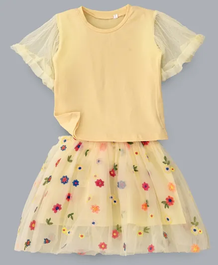 Babyqlo Bell Sleeve Tee With Embroidered Skirt - Yellow