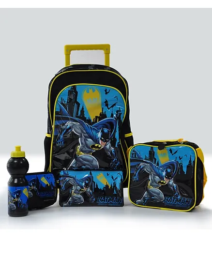 DC Comics WB Batman Gotham Guardian 16 inch Trolley Backpack + Pencil Pouch + Lunch Bag + Lunch Box + Water Bottle