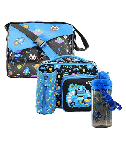 Smily Kiddos Sipper Water Bottle - Black Blue + Multi Compartment Lunch Bag -  Blue Black + Shoulder Bag Space Theme Print Blue - Height 12 Inches