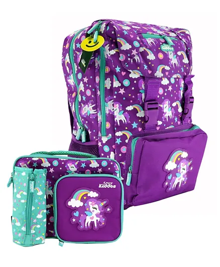 Smily Kiddos Multi Compartment Lunch Bag - Purple + Unicorn Print Fancy Backpack - Purple
