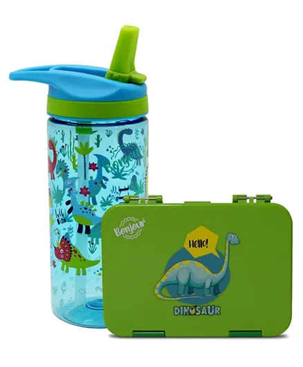 Bonjour Dino Sip Box Kids Mini Water Bottle Green - 440mL with Lunch Boxes & Bags