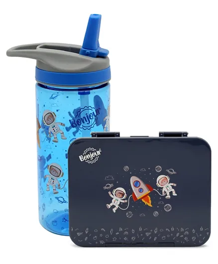 Bonjour Spacemen Tiff 6/4 Compartment Bento Lunch Box -  Blue with Water Bottles