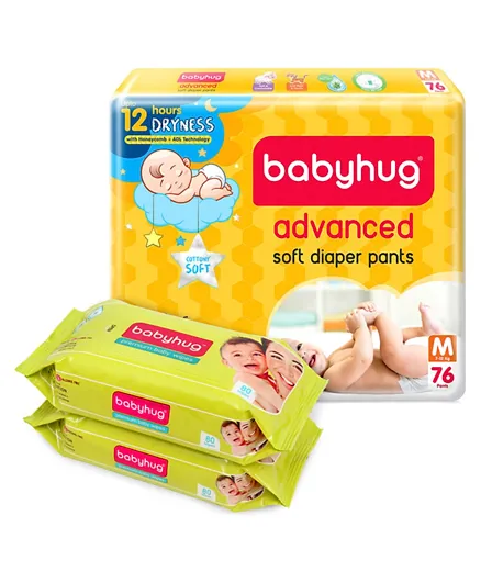 Babyhug Advanced Pant Style Diapers Size 3 - 76 Pieces And 2 Packs of Babyhug Premium Baby Wipes - 80 Pieces
