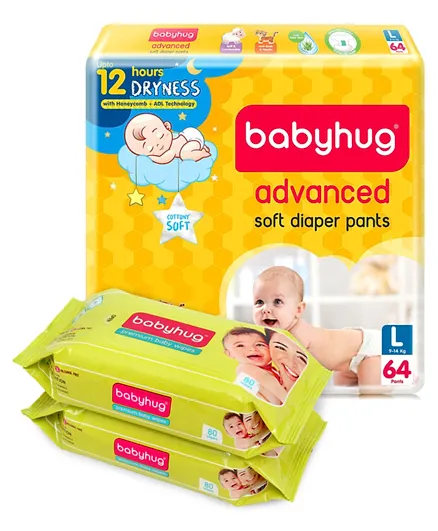 Babyhug Advanced Pant Style Diapers Size 4 - 64 Pieces And 2 Packs of Babyhug Premium Baby Wipes - 80 Pieces