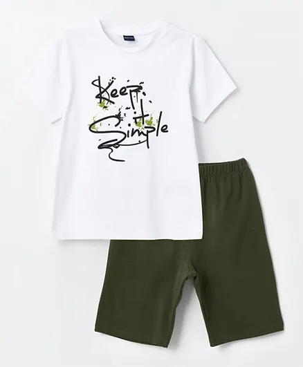 LC Waikiki Keep It Simple Graphic Crew Neck T-shirt & Shorts Set - White & Green