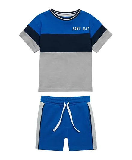 Minoti Color Block T-Shirt & Fleece Shorts Set - Blue/Grey