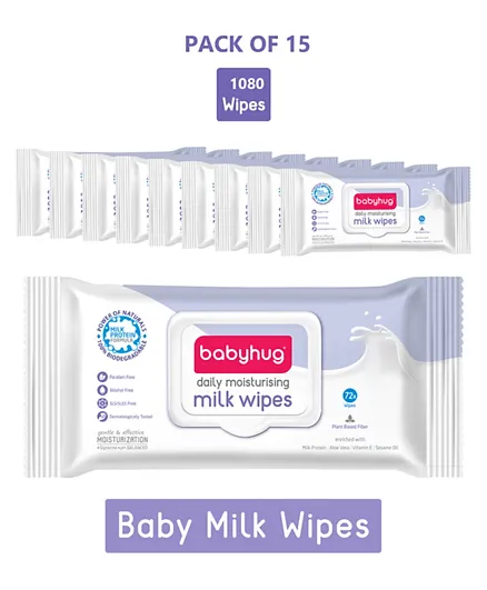 Babyhug Daily Moisturising Milk Wipes - 72 Pieces Pack of 15
