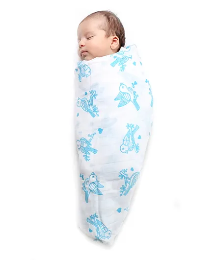 Kaarpas Premium Organic Cotton Muslin Baby Wrap Swaddle with Animal Theme of Sparrows - Large
